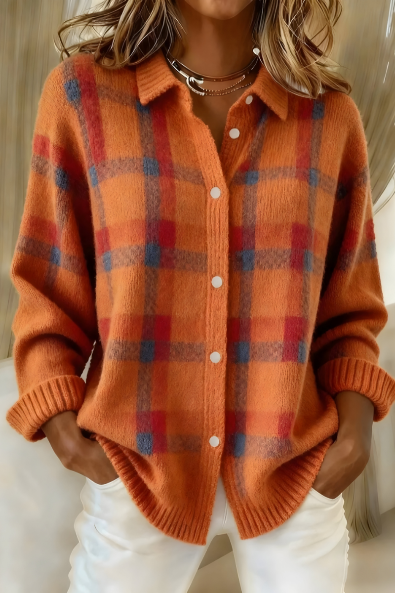 Orange plaid button-front cardigan sweater with collared neckline and long sleeves