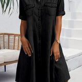 Black denim shirt dress with short sleeves, button front, and chest pockets