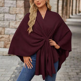 Burgundy draped poncho with V-neck and gathered front knot, wide cape sleeves