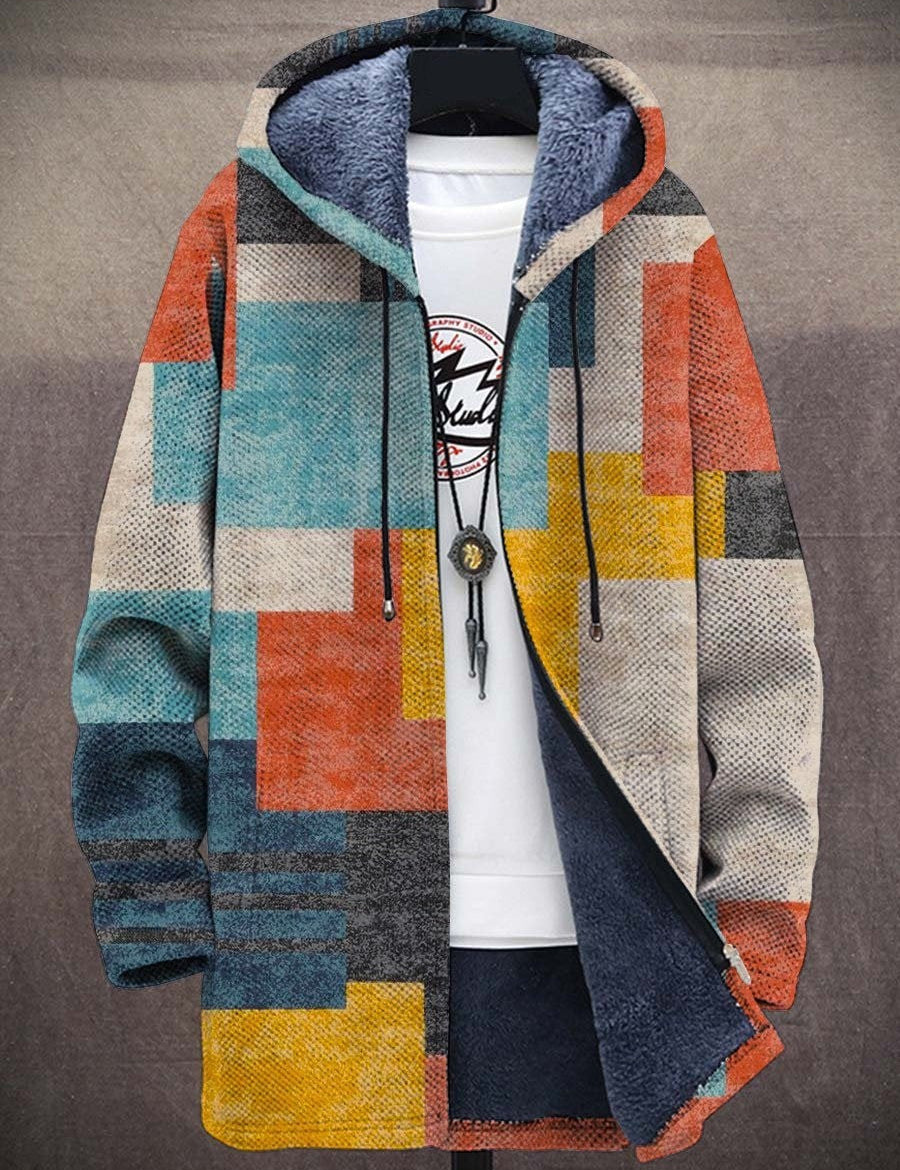 Multicolor patchwork hoodie cardigan with blue inner hood, front zipper and drawstrings