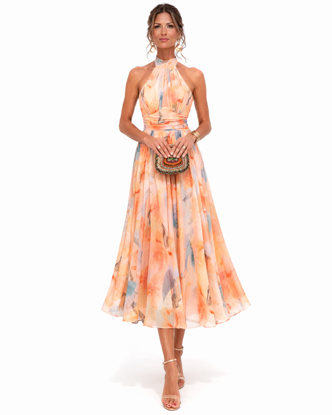 Aurora watercolor-print halter midi dress with fitted bodice and flowing skirt
