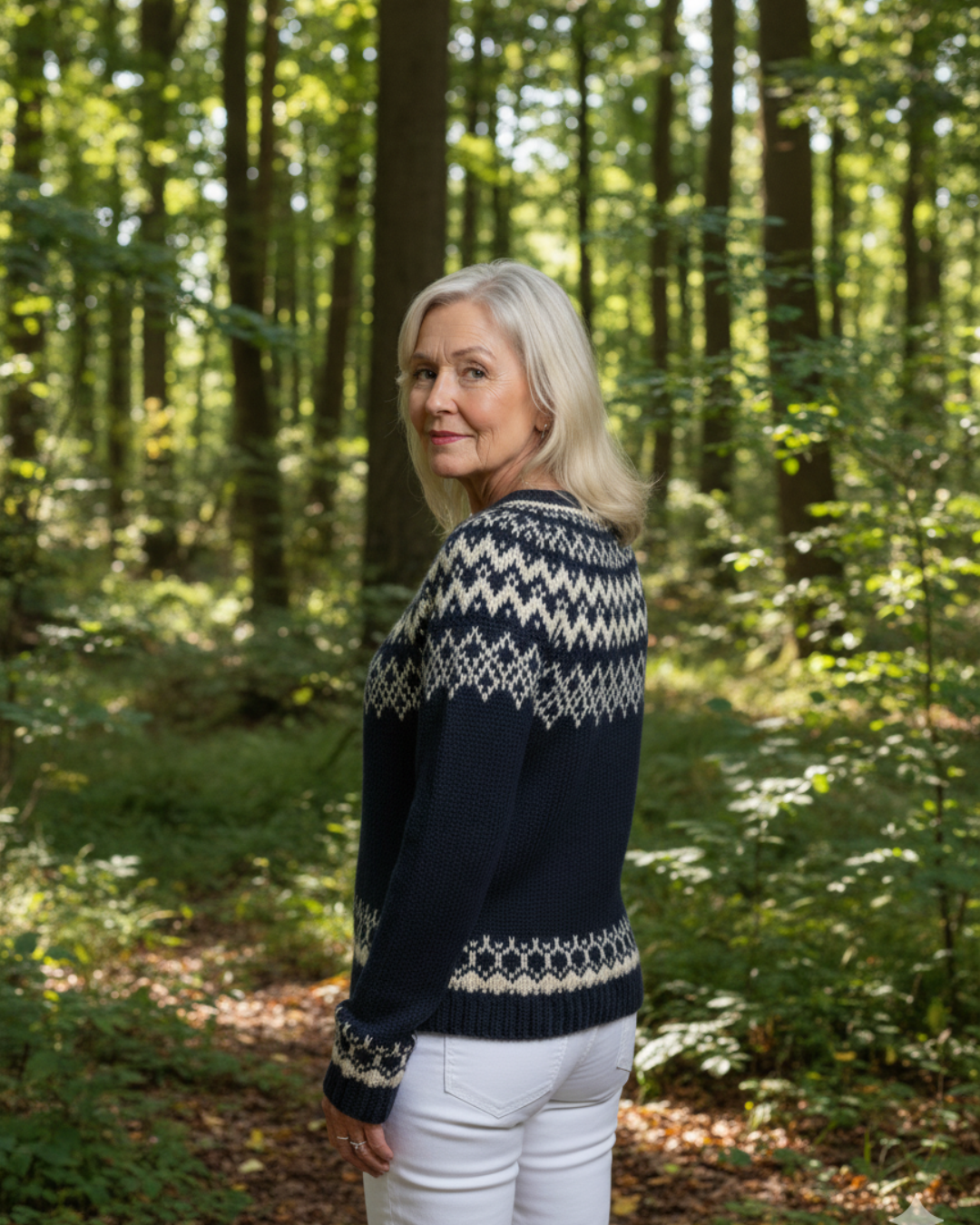 Hadley vintage knit cardigan in dark navy with cream Fair Isle pattern, button front.