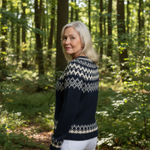 Hadley vintage knit cardigan in dark navy with cream Fair Isle pattern, button front.