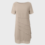 Beige layered chiffon dress front view with short sleeves and ruffle tiers