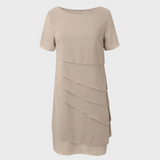 Beige layered chiffon dress front view with short sleeves and ruffle tiers