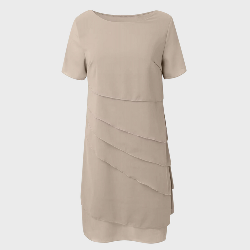 Beige layered chiffon dress front view with short sleeves and ruffle tiers