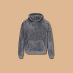 Fleece hoodie pullover in dark gray, front view with kangaroo pocket and hood.