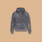 Fleece hoodie pullover in dark gray, front view with kangaroo pocket and hood.