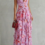 Pink floral halter maxi dress with draped bodice and tiered ruffle skirt