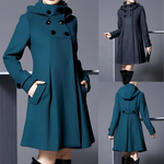 Teal and dark long hooded coats with double-button fronts and flap pockets