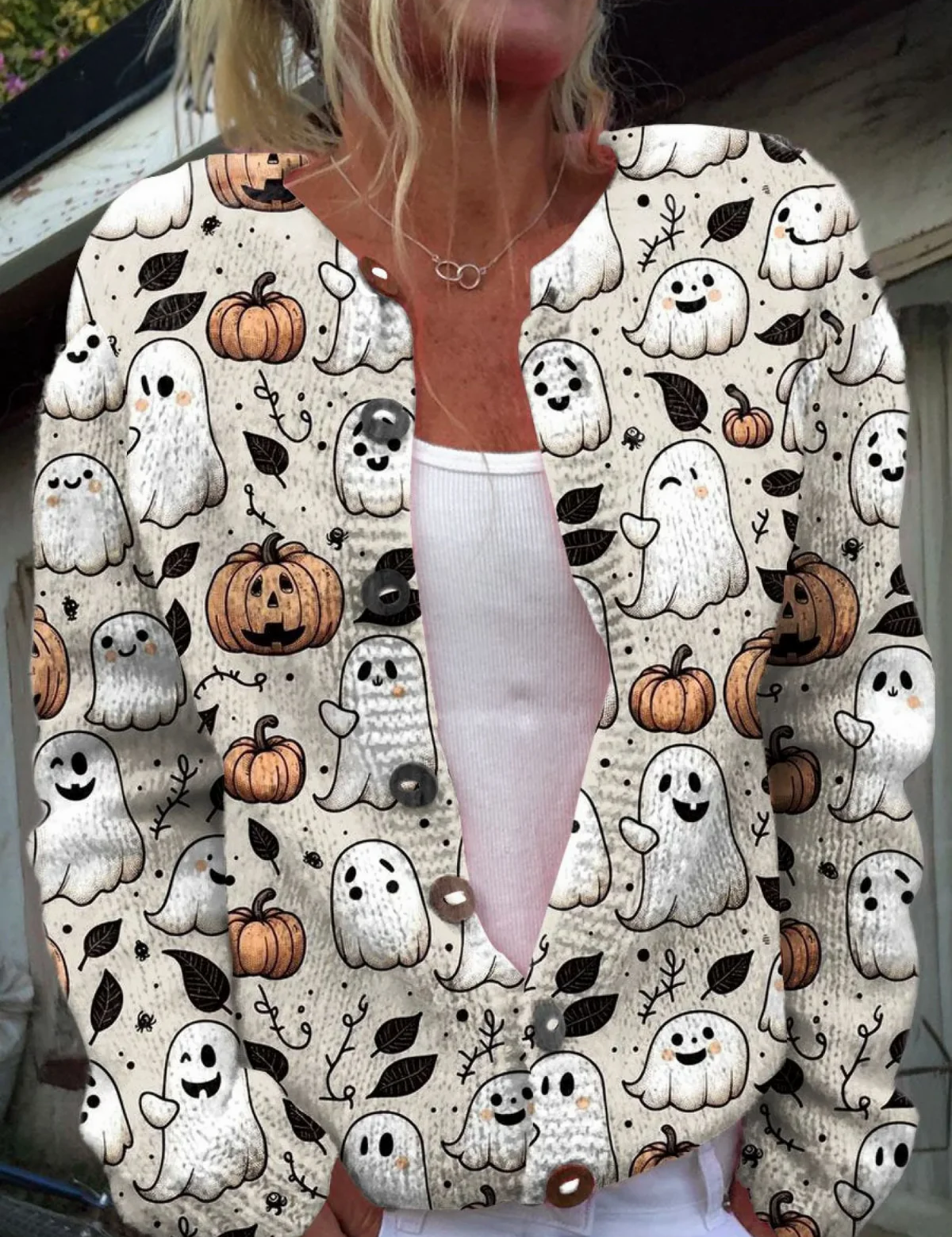 Ghost and pumpkin button cardigan sweater, white base, long sleeves