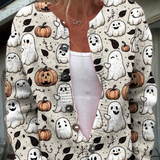 Ghost and pumpkin button cardigan sweater, white base, long sleeves