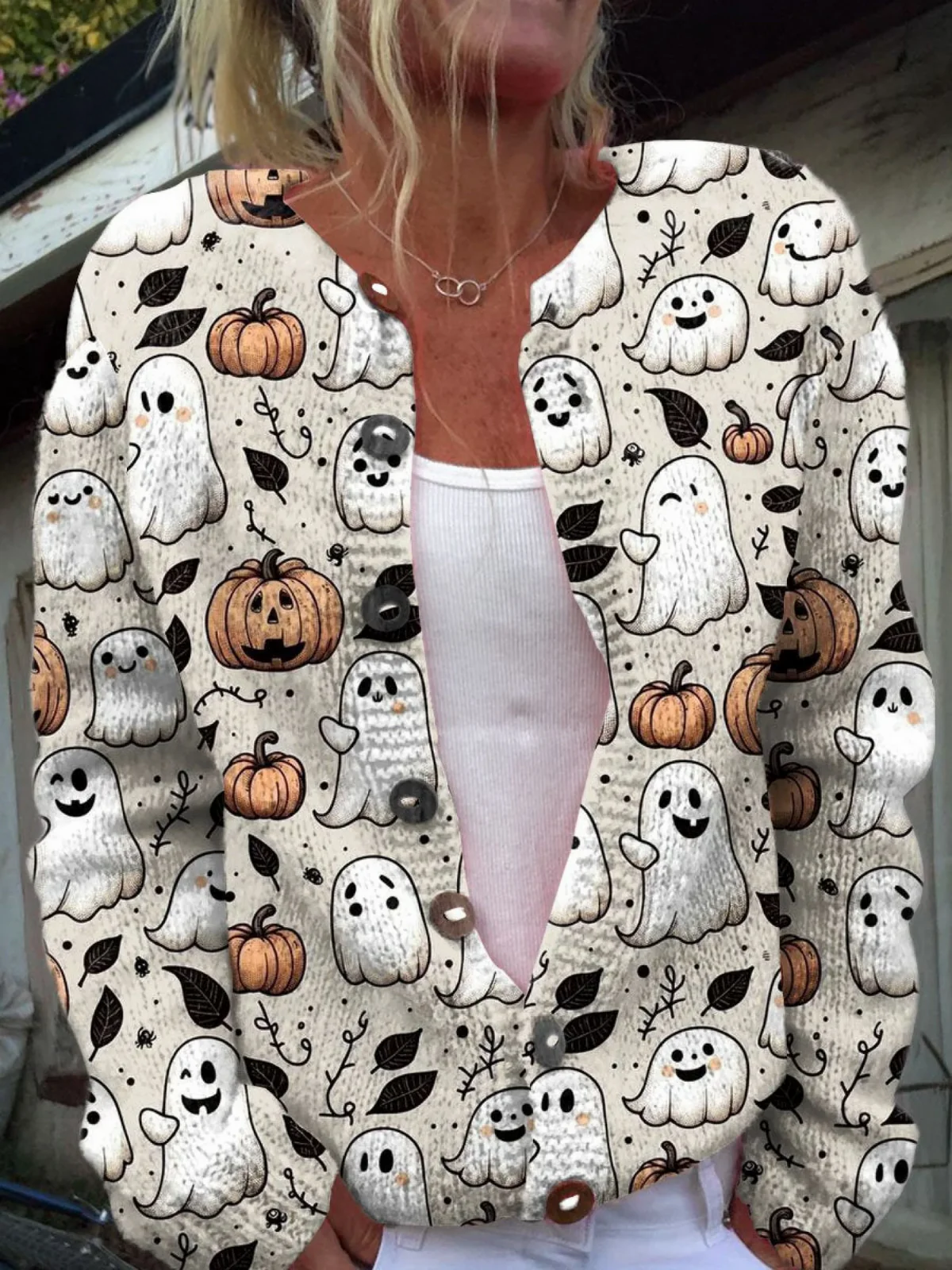 Ghost and pumpkin button cardigan sweater, white base, long sleeves