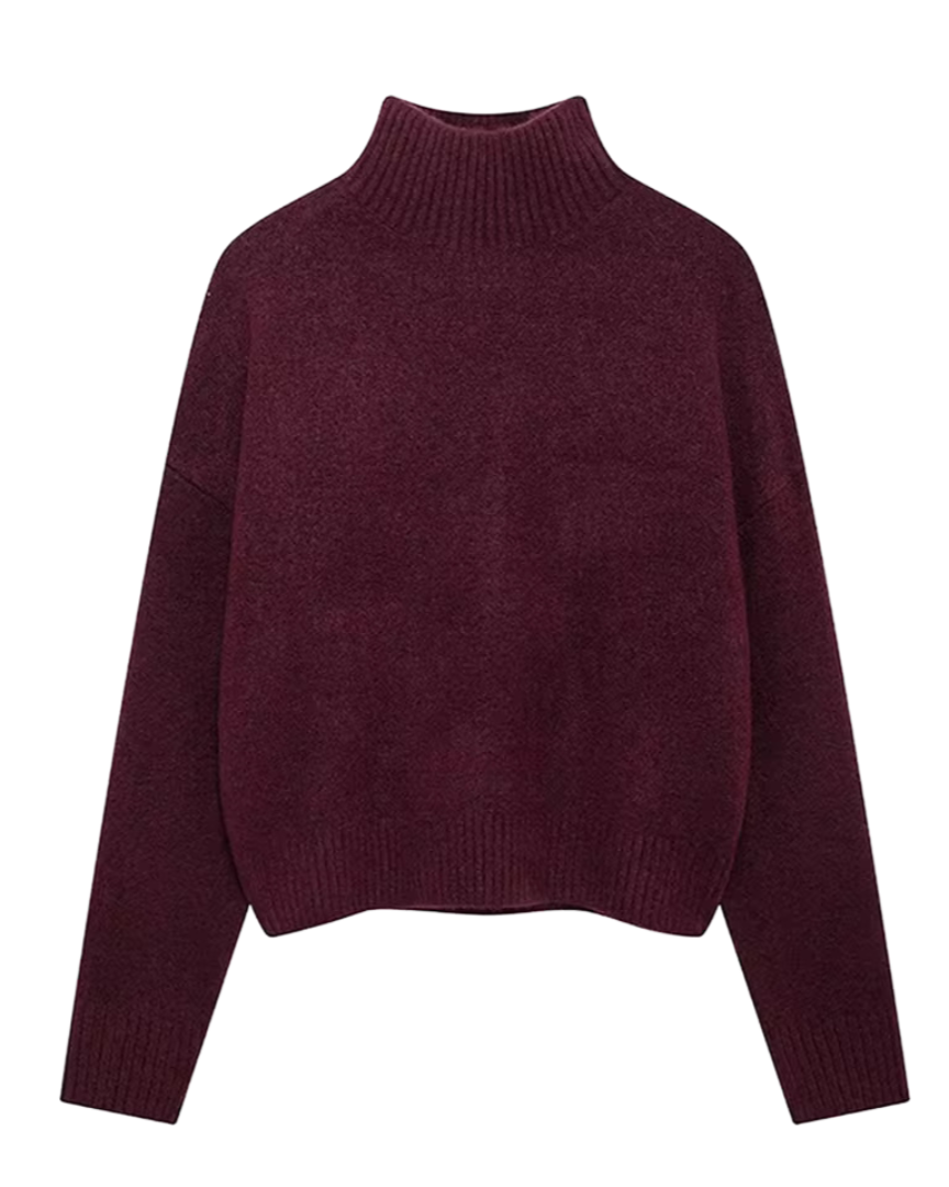 Burgundy ribbed knit turtleneck sweater, straight hem