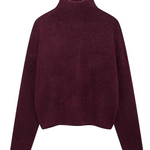 Burgundy ribbed knit turtleneck sweater, straight hem