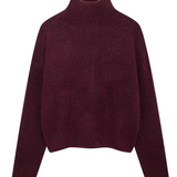 Burgundy ribbed knit turtleneck sweater, straight hem