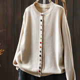 Cream knit cardigan with round neckline, button-front placket and long sleeves.