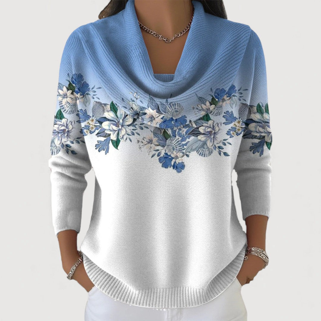 Women's cowl-neck pullover with blue knit and floral chest print, long sleeves