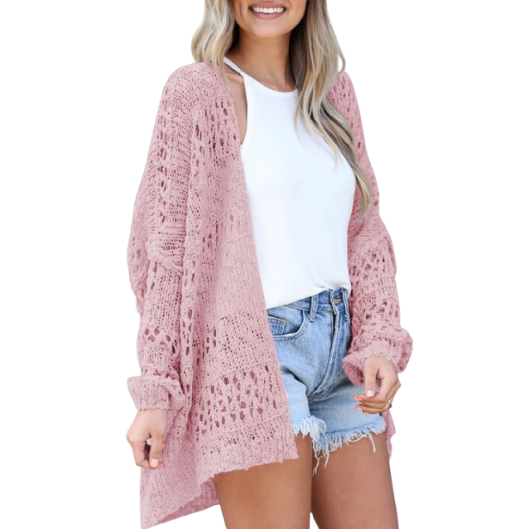 Lightweight oversized boho cardigan, dusty pink textured knit with long sleeves and open front