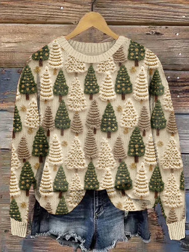 Festive knit sweater with cream base, green tree pattern, crew neck, long sleeves