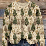 Festive knit sweater with cream base, green tree pattern, crew neck, long sleeves