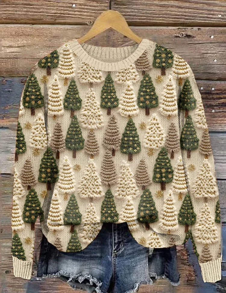 Festive knit sweater with cream base, green tree pattern, crew neck, long sleeves