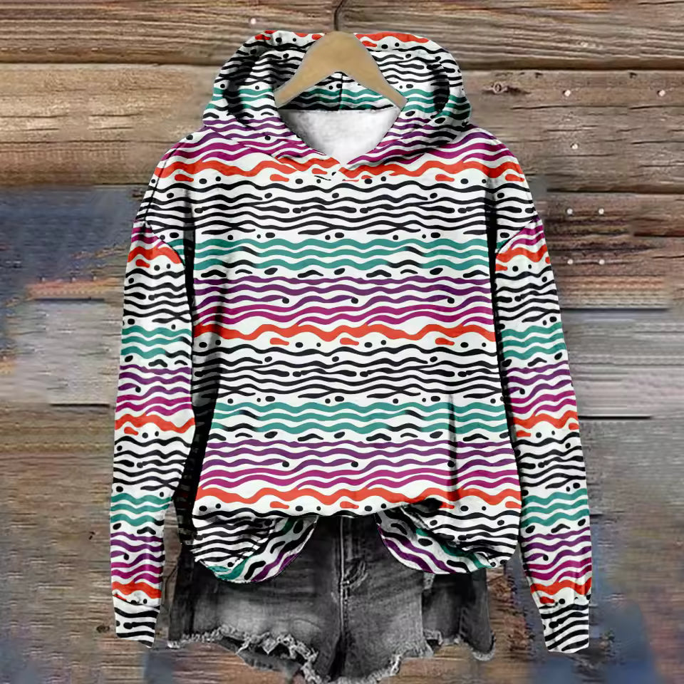Hoodie with multicolor wavy stripes, oversized hood, long sleeves, cropped hem
