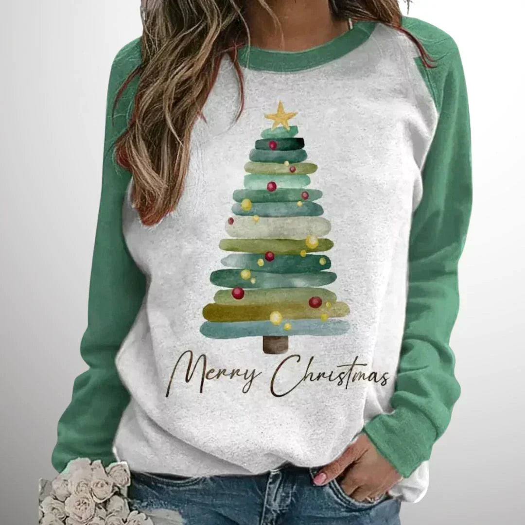 Women's festive pullover with raglan sleeves, crew neck, white front with Christmas tree and text