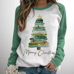 Women's festive pullover with raglan sleeves, crew neck, white front with Christmas tree and text
