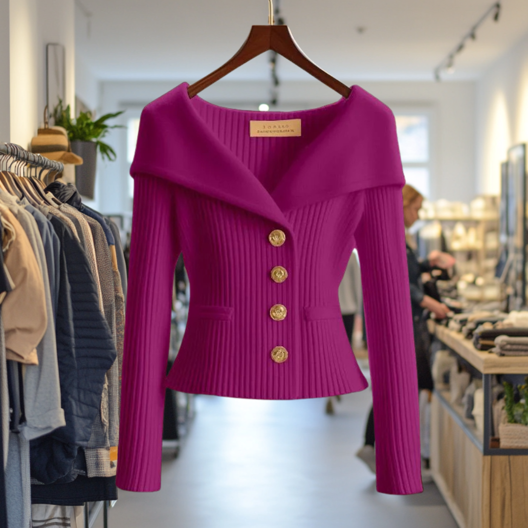Purple ribbed knit button-front top with long sleeves and peplum hem