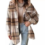 Plaid hooded shacket jacket with sherpa-lined collar, tan and dark brown button front