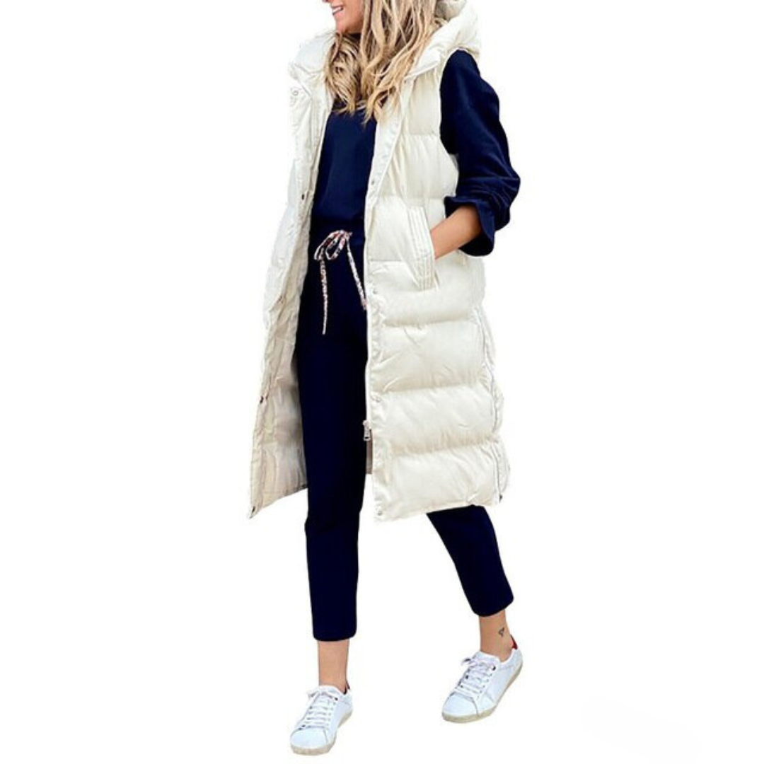 Long quilted body warmer vest, white with button-front and sleeveless design