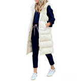 Long quilted body warmer vest, white with button-front and sleeveless design