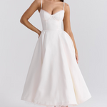 White corset bodice dress with spaghetti straps and flared midi skirt