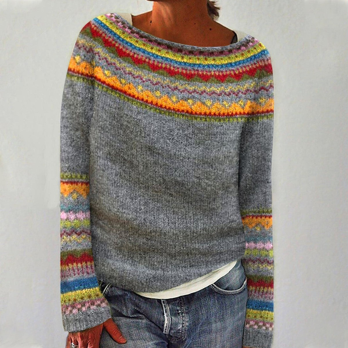 Retro pullover sweater in heather gray with colorful striped crew neck and long sleeves