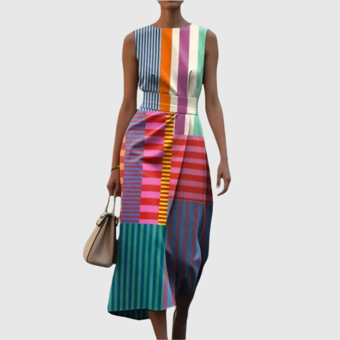 Multicolor geometric draped sleeveless dress with vertical stripe panels, midi length