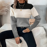 Color-block knit sweater with black shoulders, cream and gray sleeves, crew neck