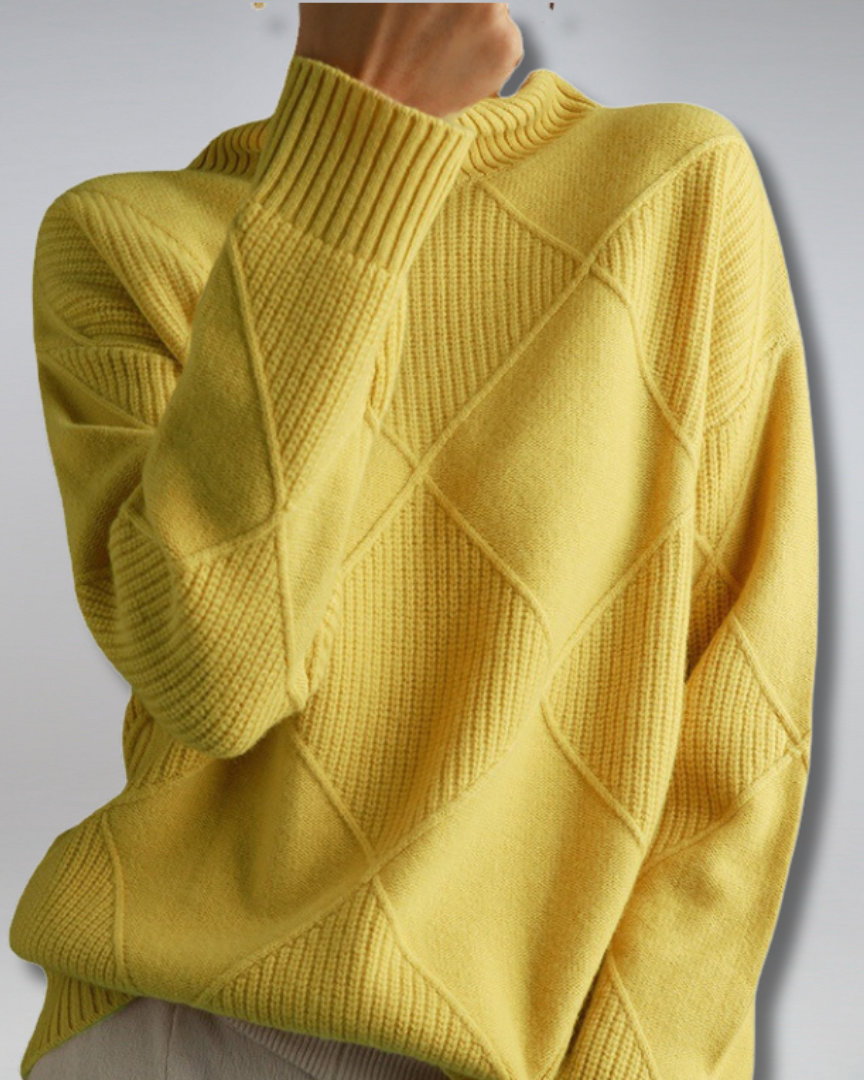 Yellow ribbed turtleneck sweater with diamond knit panels and long sleeves