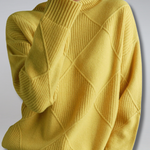 Yellow ribbed turtleneck sweater with diamond knit panels and long sleeves