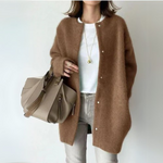 Brown open-front cardigan with long sleeves and snap-button placket