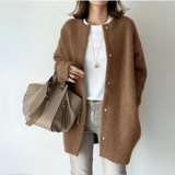 Brown open-front cardigan with long sleeves and snap-button placket