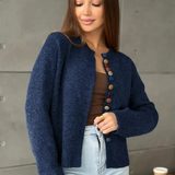 Navy button-front cardigan with multicolor round buttons and open front