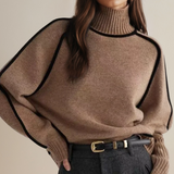 JULIA™ knit pullover with turtleneck, long sleeves, ribbed cuffs, taupe-brown