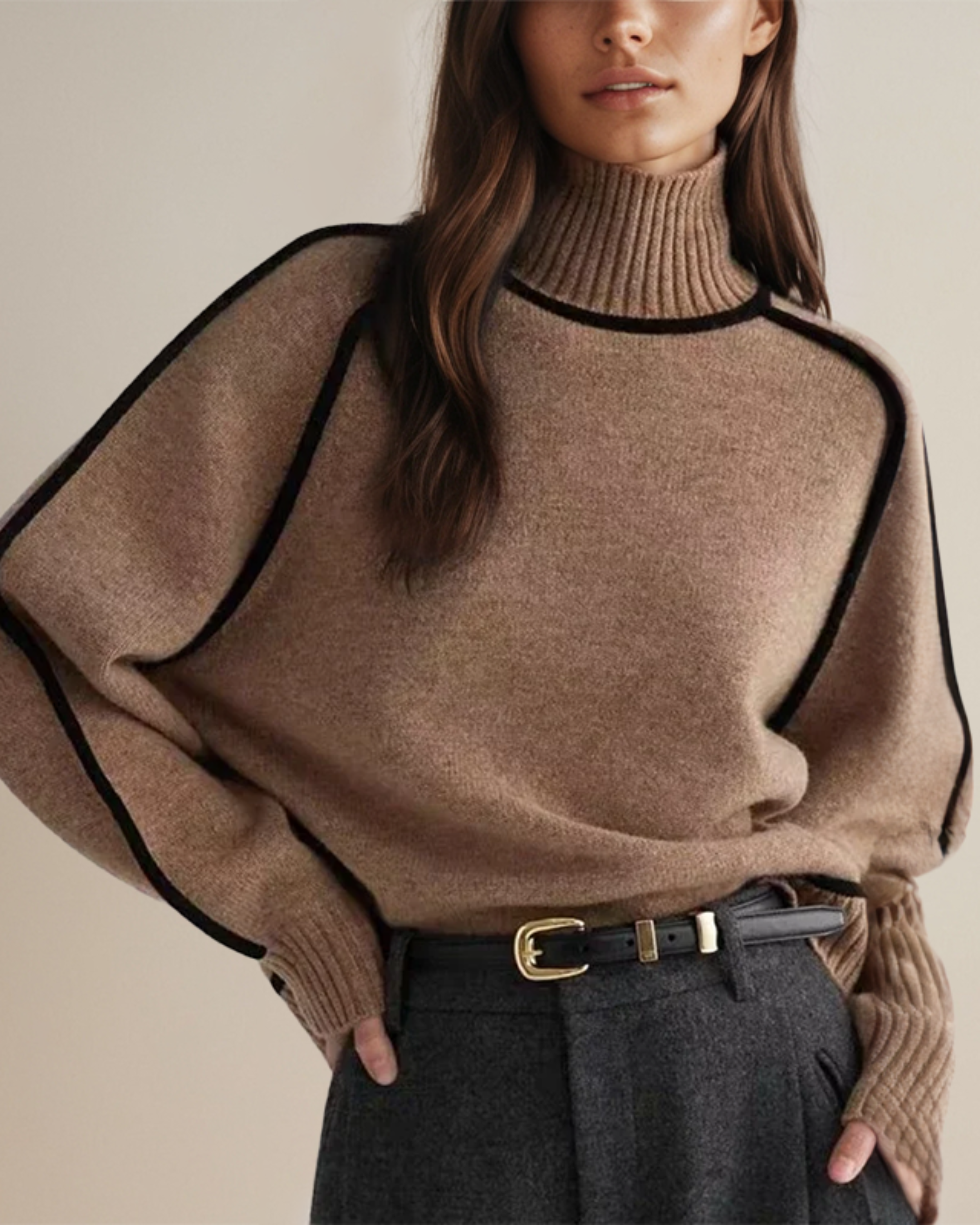 JULIA™ knit pullover with turtleneck, long sleeves, ribbed cuffs, taupe-brown