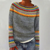 Retro pullover sweater in heather gray with rainbow striped yoke and multicolor cuffs