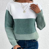 Two-tone long-sleeve sweater with crew neck, white top and green lower panel