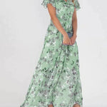 Aurelia mint green floral midi dress with V-neck, short ruffled sleeves, tiered skirt