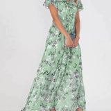 Aurelia mint green floral midi dress with V-neck, short ruffled sleeves, tiered skirt