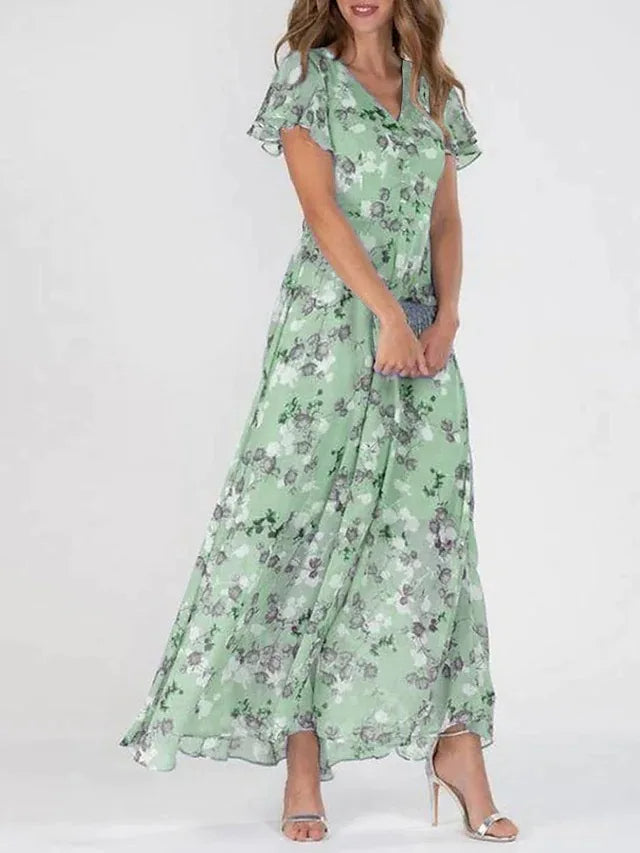 Aurelia mint green floral midi dress with V-neck, short ruffled sleeves, tiered skirt