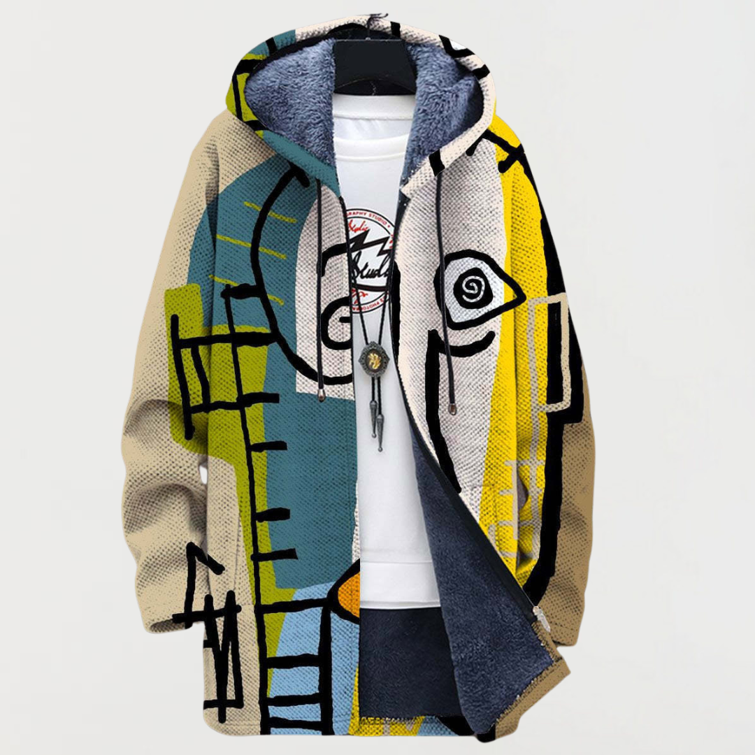 Abstract hooded jacket with drawstring, full-zip; multicolor yellow, blue, and beige pattern